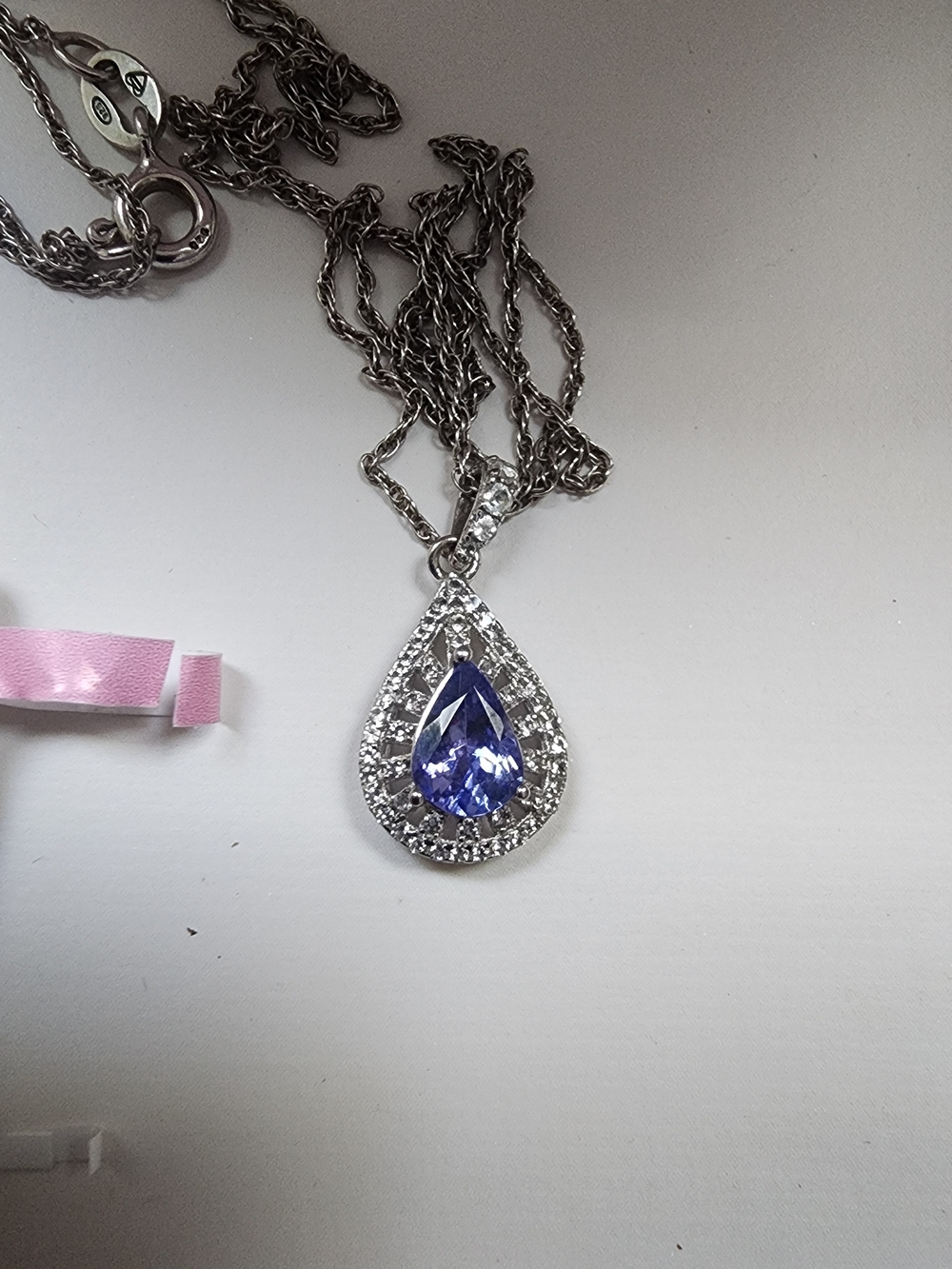 SS‎ Teardrop Pendant Necklace with Blue Gemstone 18 Inch Chain .925 SS